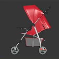 Red Baby Stroller With Canopy And Four Wheels On Smooth Black Surface 3d model