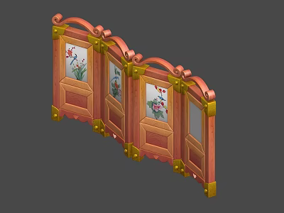 Traditional Multi Panel Folding Screen With Wooden Frame Golden Accents And Floral Patterns 3d model