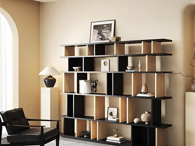 Modern Bookcase With Open Shelves Decorative Ornaments Books And Black Chair 3d model