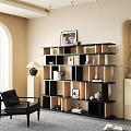 Modern Bookcase With Open Shelves Decorative Ornaments Books And Black Chair