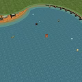 Scenic Lake View With Boats And Coastal Walkway Lined By Green Trees And People Walking