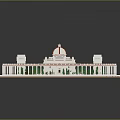 3D Circular Architectural Model With Central Domed Building Symmetrical Structures Green Lawn And Surrounding Pathway