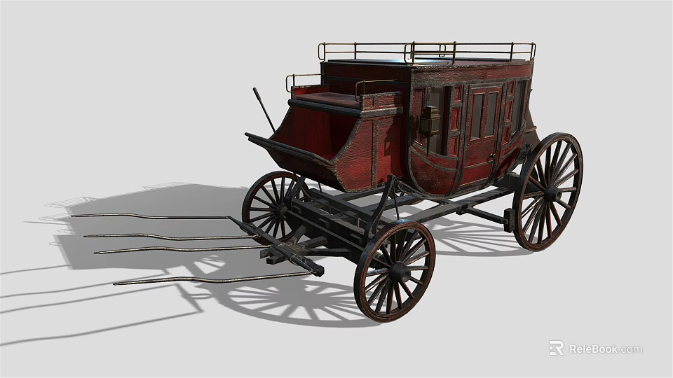 Vintage Wooden Carriage With Red Body Four Wheels And Roof Railings 3d model 