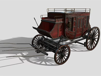 Vintage Wooden Carriage With Red Body Four Wheels And Roof Railings 3d model