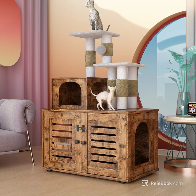 Decorative Ornament Set With Wooden Cat House Sisal Tree White Cat And Green Plant 3d model 