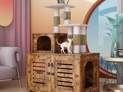 Decorative Ornament Set With Wooden Cat House Sisal Tree White Cat And Green Plant 3d model