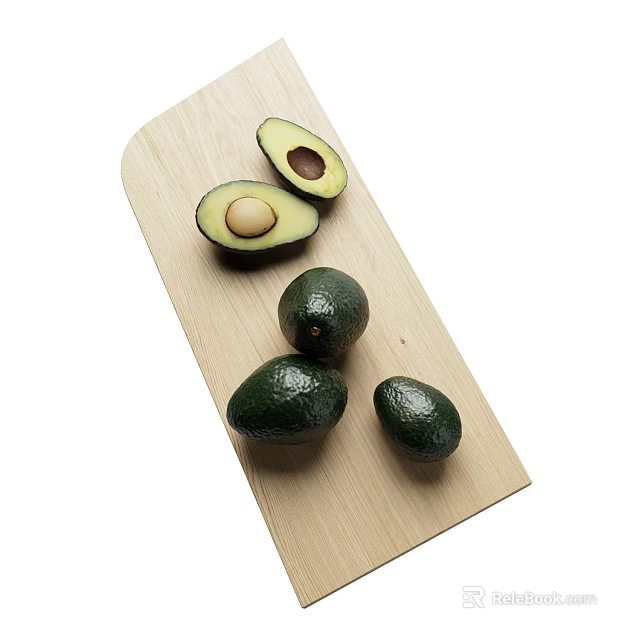Fresh Avocado Fruits Whole And Halved On Wooden Cutting Board 3d model 
