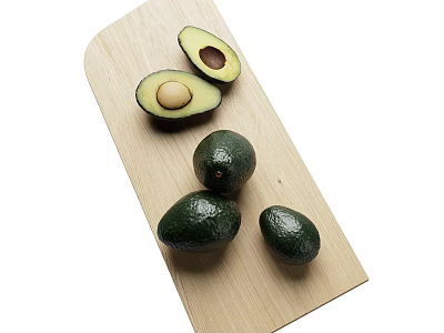 Fresh Avocado Fruits Whole And Halved On Wooden Cutting Board 3d model