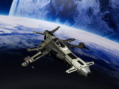Spaceship Flying Near Earth With Blue Planet View In Space 3d model