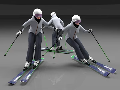 People Skiing With Helmets And Ski Poles In Ski Suits On Skis 3d model