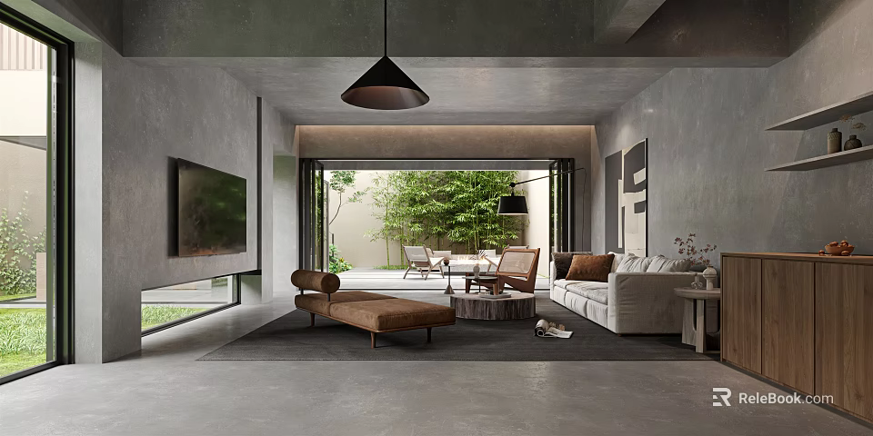 Modern Living Room Interior Design With Gray Walls Black Pendant Light And Green Outdoor View 3d model 