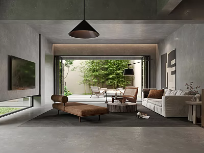 Modern Living Room Interior Design With Gray Walls Black Pendant Light And Green Outdoor View 3d model
