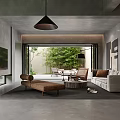 Modern Living Room Interior Design With Gray Walls Black Pendant Light And Green Outdoor View