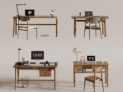 Wooden Desk Interior With Laptop Desk Lamp Clock Plant And Chair 3d model