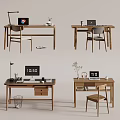 Wooden Desk Interior With Laptop Desk Lamp Clock Plant And Chair
