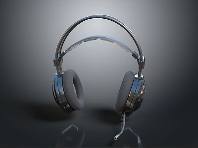Stylish Headset With Silver Metal Frame Gray Ear Cushions And Microphone On Black Reflective Surface 3d model