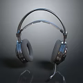 Stylish Headset With Silver Metal Frame Gray Ear Cushions And Microphone On Black Reflective Surface