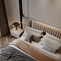 Elegant Modern Bedroom Interior With Upholstered Headboard Plush Pillows And Wooden Nightstand