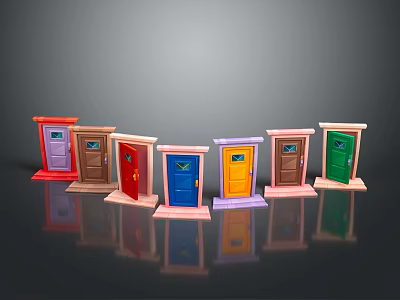 Colorful Miniature Door Models in Various Colors Arranged on Black Background with Reflections 3d model