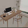 Modern Wooden Desk Setup With Black Lamp White Monitor Green Plants And Chair