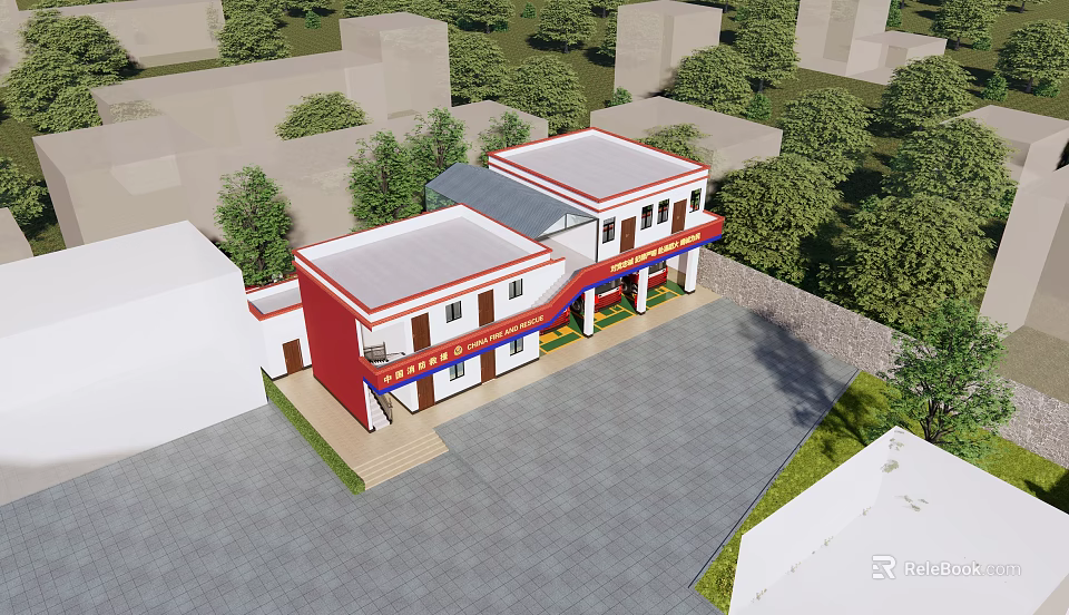 Fire Station Building With Red And White Exterior Surrounded By Trees And Parking Area 3d model 