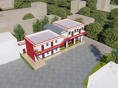 Fire Station Building With Red And White Exterior Surrounded By Trees And Parking Area 3d model