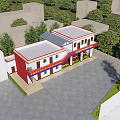 Fire Station Building With Red And White Exterior Surrounded By Trees And Parking Area