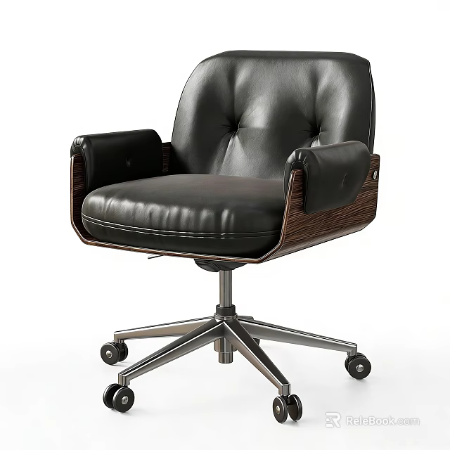 Modern Black Leather Office Chair With Wooden Armrests And Swivel Metal Base 3d model 