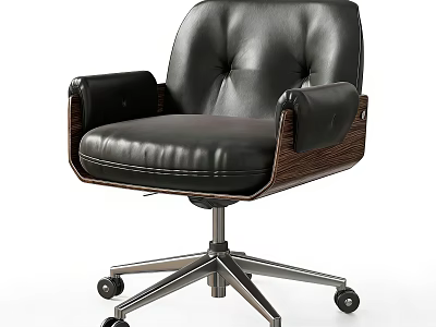 Modern Black Leather Office Chair With Wooden Armrests And Swivel Metal Base 3d model