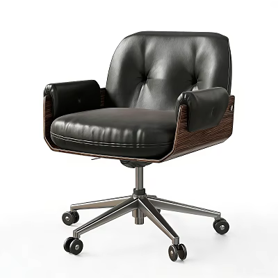 Modern Black Leather Office Chair With Wooden Armrests And Swivel Metal Base 3d model