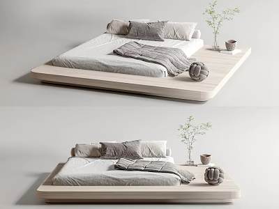 Modern Double Bed Platform Design With Wooden Frame Gray Bedding Pillows Plants And Decorative Items 3d model