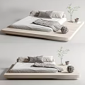 Modern Double Bed Platform Design With Wooden Frame Gray Bedding Pillows Plants And Decorative Items