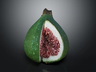 Fresh Green Fig Cut Open Showing Red Pulp And Seeds On Dark Surface 3d model