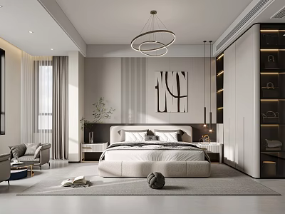 Stylish Modern Bedroom Interior With Large Bed Circular Chandelier Wall Painting And Wardrobe 3d model