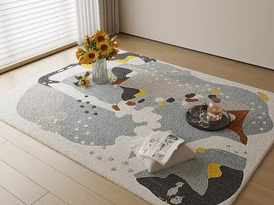 Square Area Rug With Abstract Patterns Sunflower Vase Tray And Magazine On Wooden Floor 3d model