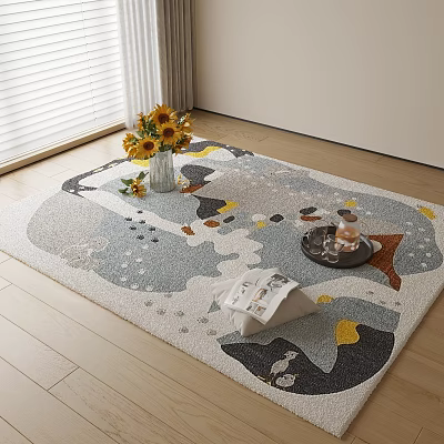 Square Area Rug With Abstract Patterns Sunflower Vase Tray And Magazine On Wooden Floor 3d model