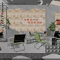 Industrial Style Restaurant Interior With Brick Wall Neon Sign Green Chairs Plants And String Lights