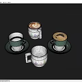 Coffee Drinks With Latte Art In Christmas Tree Pattern Cups Saucers And One Empty Cup 3d model