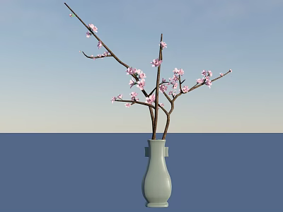 Elegant Branches With Pink Flowers Arranged In Light Blue Vase Against Gradient Sky 3d model