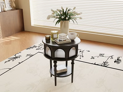 Round Side Table with Shelf White Flowers Candle Cup on Patterned Carpet Near Window Blinds 3d model