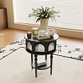 Round Side Table with Shelf White Flowers Candle Cup on Patterned Carpet Near Window Blinds 3d model