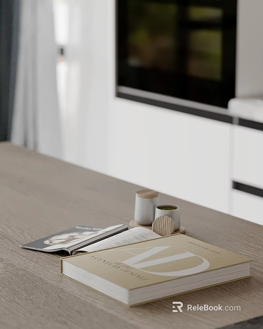Modern Kitchen Tabletop Ornamental Combination with Open Magazines Books Wooden Lid Jar and Tea Cup 3d model 