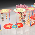 Traditional Interactive Zone With Red Lanterns Circular Decorations And Pink Cherry Blossom Tree 3d model