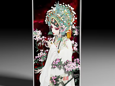Peking Opera Character Painting With Elaborate Headdress White Costume Pink Flowers In Red Background 3d model