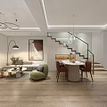 Modern Living and Dining Room Design With White Cabinets Wooden Flooring TV Chandelier Dining Table