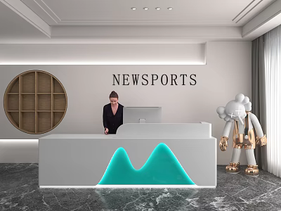NEWSPORTS Store Front Desk With White Design Blue Mountain Shaped Lighting And Cartoon Sculpture 3d model