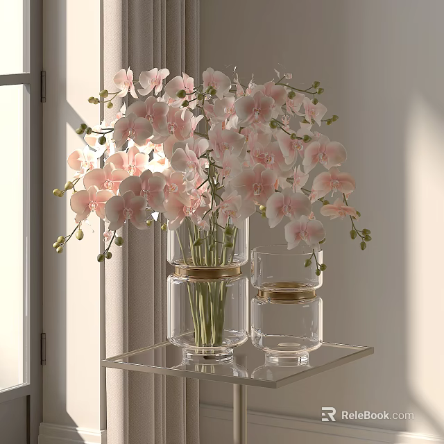 Elegant Pink Orchid Flowers In Clear Glass Vases On Glass Shelf By Window 3d model 