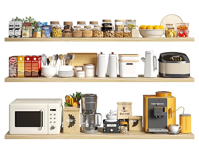 Organized Wooden Kitchen Shelves With Food Jars Fruits Utensils And Appliances 3d model