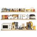 Organized Wooden Kitchen Shelves With Food Jars Fruits Utensils And Appliances