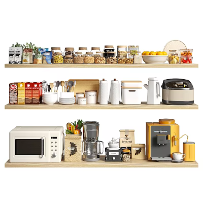 Organized Wooden Kitchen Shelves With Food Jars Fruits Utensils And Appliances 3d model